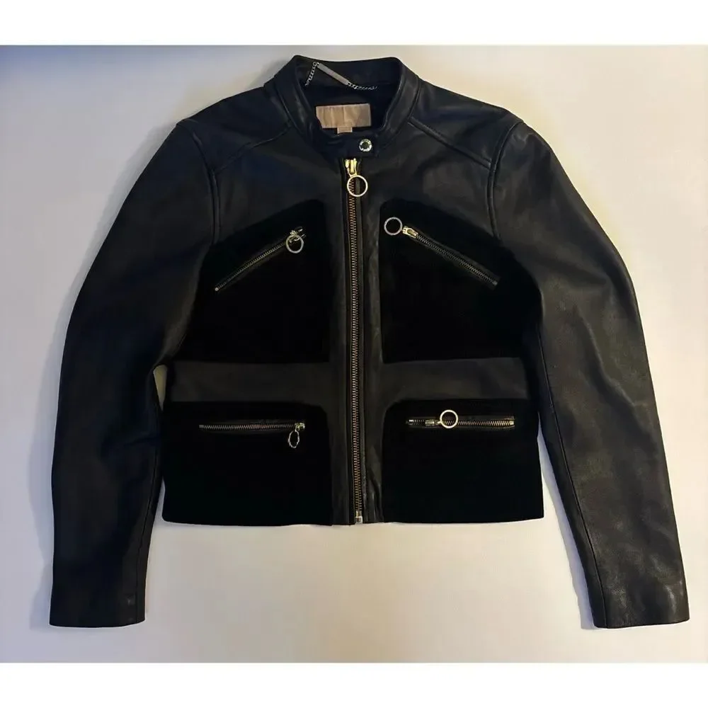 Rare ~Michael Michael Kors Suede-Paneled Lamb Leather Jacket in Black Size 10